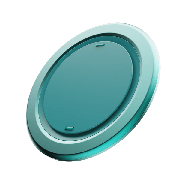 Circular teal grip accessory with a smooth surface and two small attachment points.