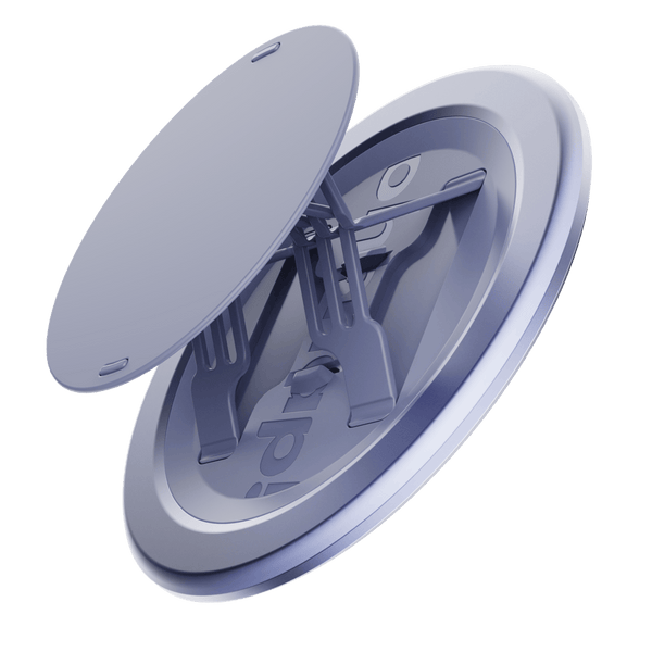 A circular grip accessory with a folding mechanism and a smooth surface in a light purple color.