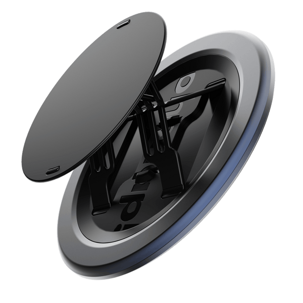Black circular grip with a removable top and adjustable support arms, designed for secure attachment.