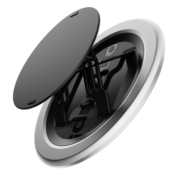 Black circular grip with a silver rim and adjustable support arms inside.