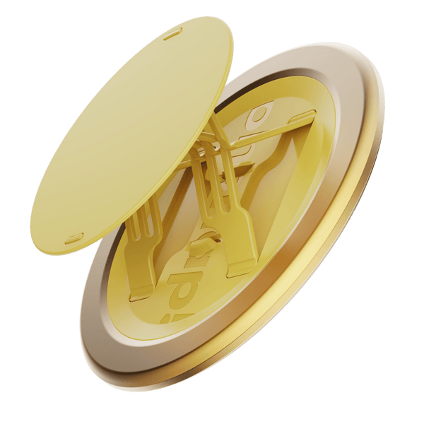Yellow circular grip accessory with a snap mechanism and a gold outer ring.