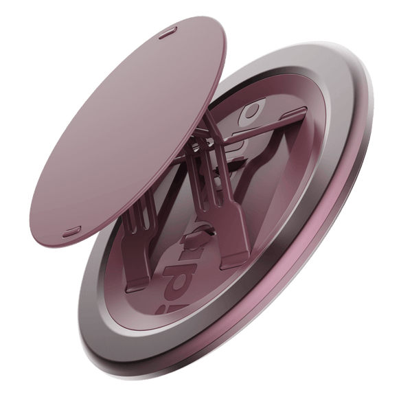 Circular phone grip with a maroon top and a silver base, featuring a folding mechanism for easy use.