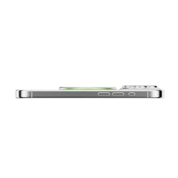 Side view of a smartphone with a circular attachment and buttons visible on the side.