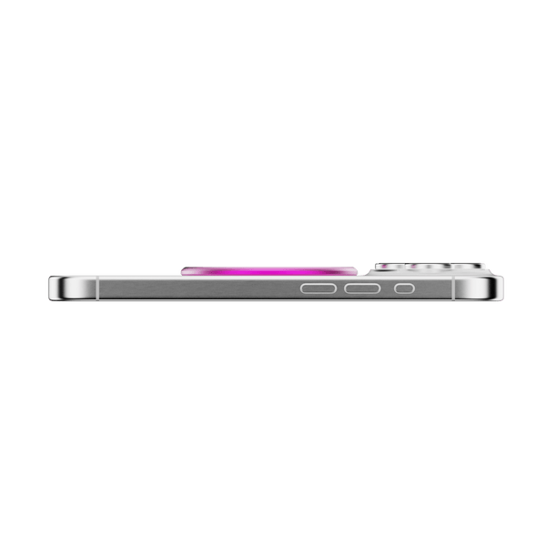 Side view of a smartphone with a pink circular grip attached.