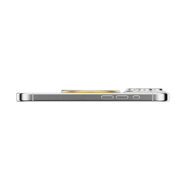 Side view of a smartphone with a circular attachment on the back and visible buttons on the side.