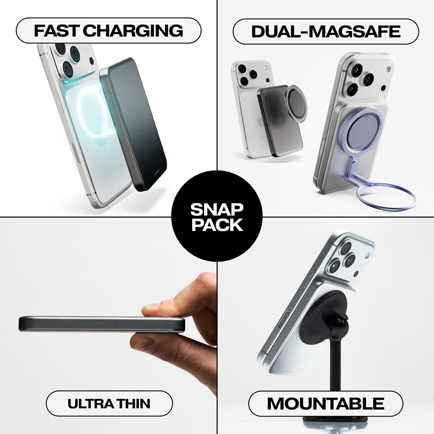 Four images showcasing the Snap Pack Kit features: fast charging, dual-Magsafe, ultra-thin design, and mountable capability.
