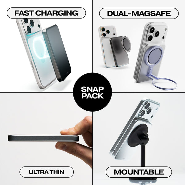 Four images showcasing the Snap Pack Kit features: fast charging, dual-Magsafe, ultra-thin design, and mountable capability.