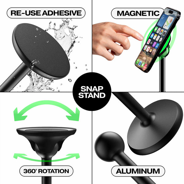 Black desk power kit featuring a magnetic snap stand with 360° rotation and reusable adhesive.