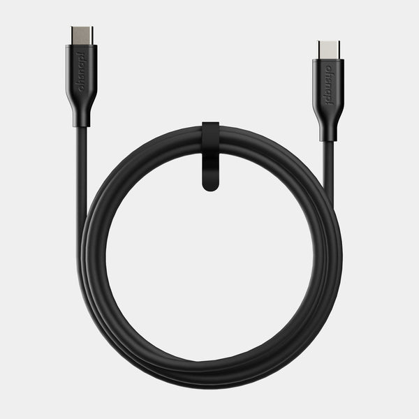 Black USB-C cable with two connectors, coiled and secured with a tie.