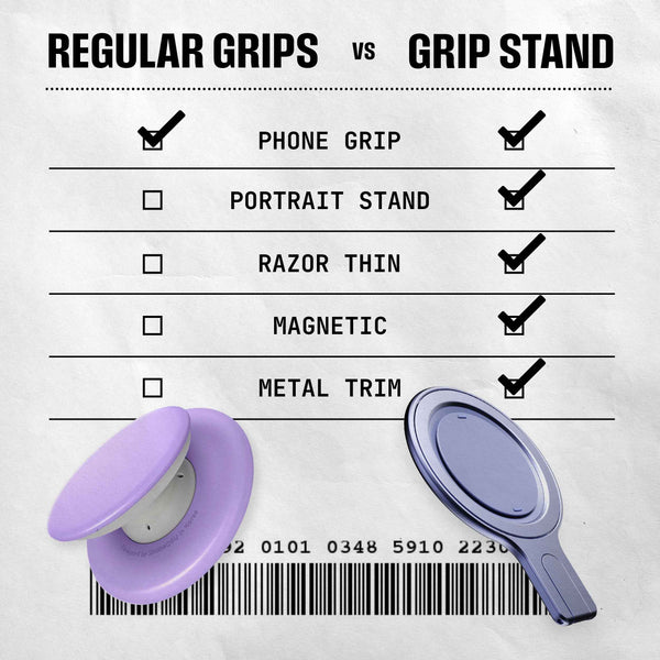 Two phone grips are shown, one purple and one gray, with a checklist comparing features on a paper background.