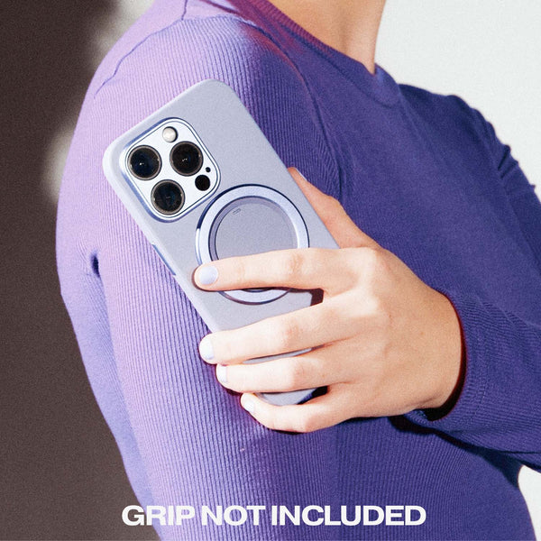 Light purple phone case with a circular grip, held by a person wearing a purple sweater.