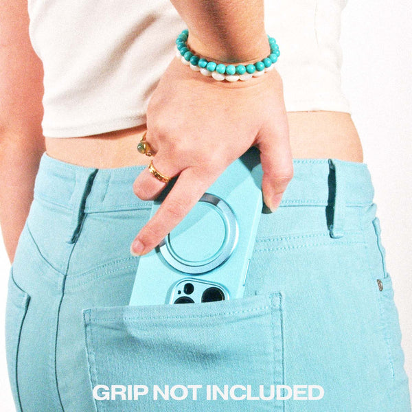 A hand holds a light blue phone case partially inserted into a back pocket of light blue pants.