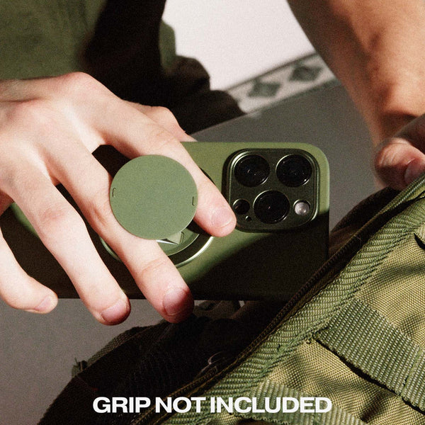 Hand holding a green phone case with a circular grip, next to a green bag, with text stating 