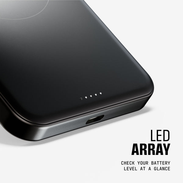 Black portable charger with LED battery level indicators and a USB-C port.
