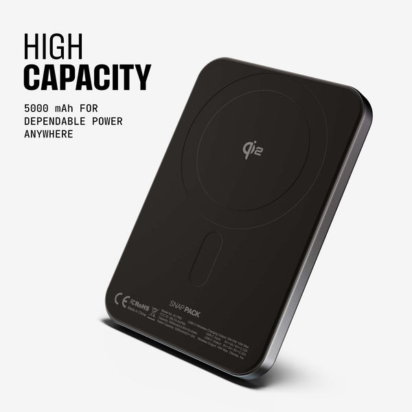 Black wireless power bank with a 5000 mAh capacity and Qi2 compatibility.