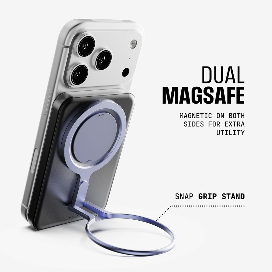 MagSafe accessory attached to a smartphone, featuring a grip stand for added utility.