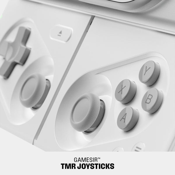 Close-up of a white gaming controller showing joysticks and buttons labeled A, B, X, Y.