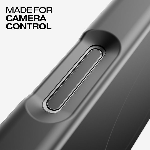 Close-up of a black snap case with a button for camera control.