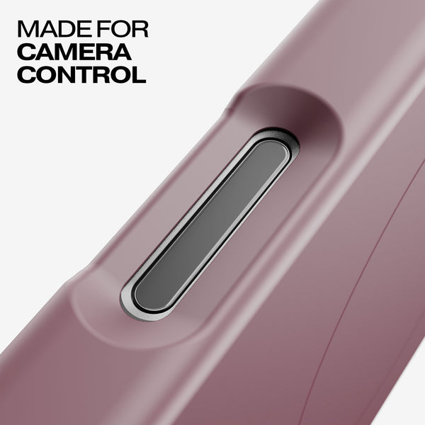 Close-up of a purple snap case featuring a button for camera control.