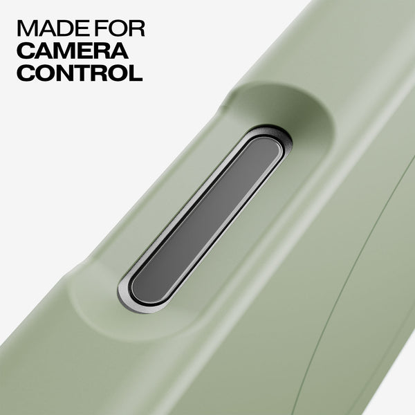 Close-up of a green snap case featuring a button for camera control.