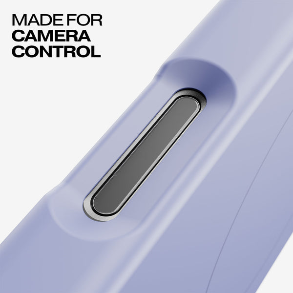 Close-up of a lavender snap case featuring a button for camera control.