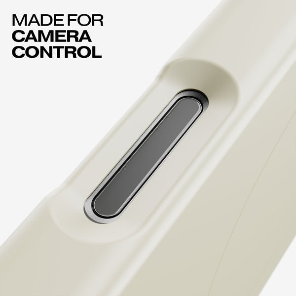 Close-up of a beige snap case featuring a button for camera control.