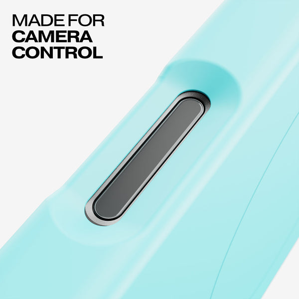 A close-up of a light blue snap case featuring a black button for camera control.