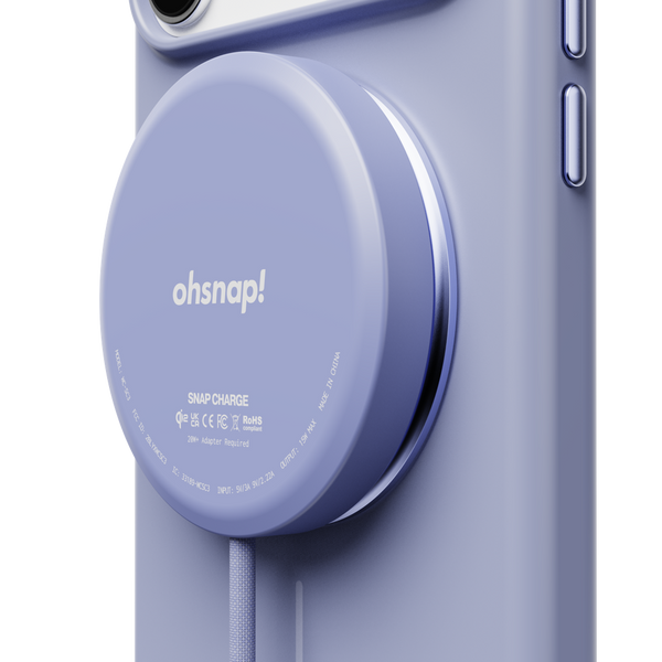 Purple snap case with a circular charging pad attached, featuring the brand name 