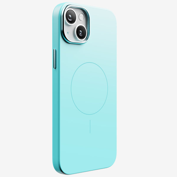 Light blue snap case designed for the 15 Series, featuring a circular magnetic attachment area.
