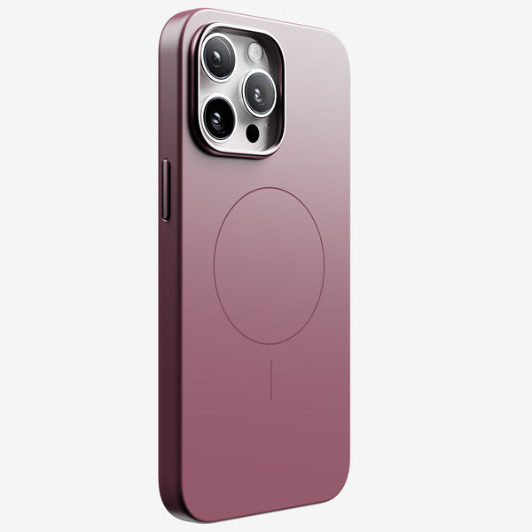 Purple snap case for iPhone 15 series with a circular magnetic alignment feature on the back.