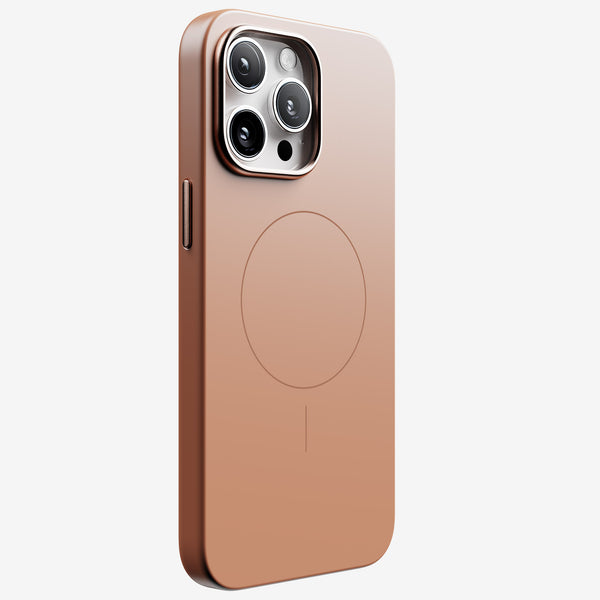 Slim, rose gold phone case with a circular MagSafe alignment feature on the back.