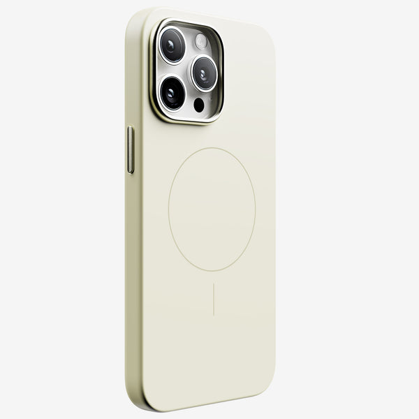 Light-colored phone case with a circular MagSafe alignment feature and cutouts for camera lenses.