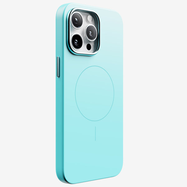 Light blue phone case with a circular magnetic area on the back, designed for the 15 Series.