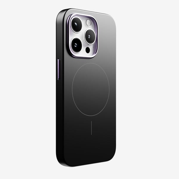 Black phone case with a circular MagSafe alignment feature and cutouts for camera lenses.