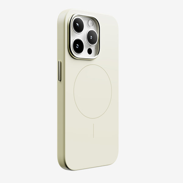 Light-colored phone case designed for the 15 Series, featuring a circular magnetic attachment area.