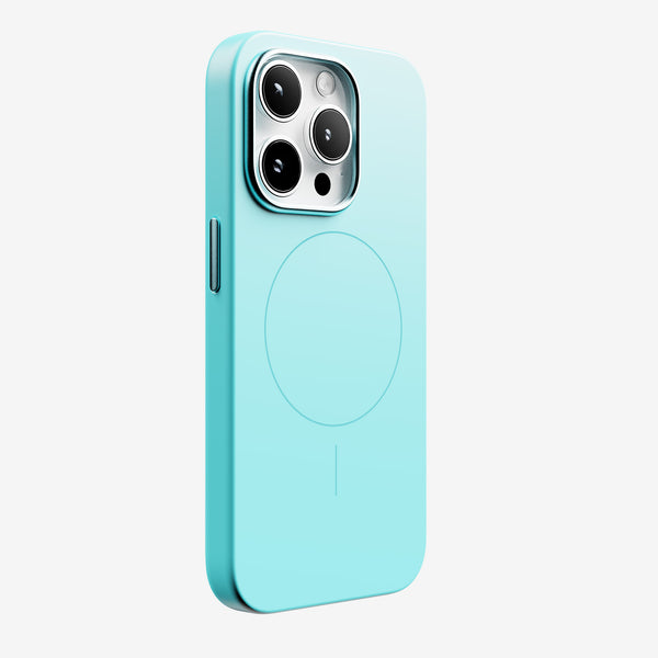 Light blue phone case designed for the 15 Series, featuring a circular MagSafe alignment.