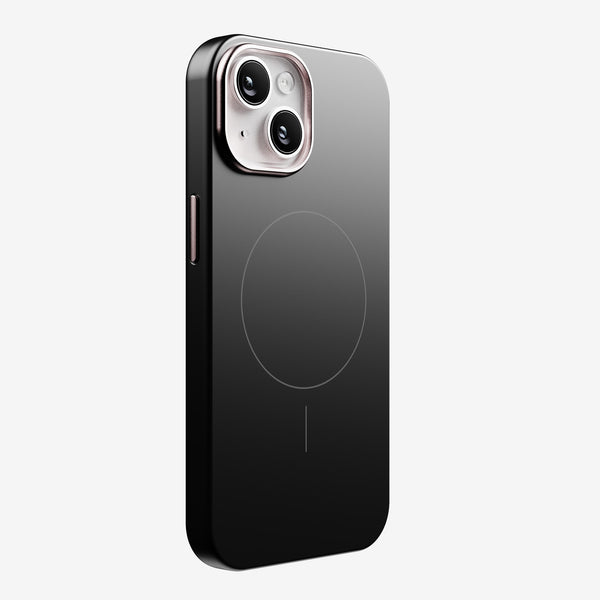 Black snap case for a smartphone, featuring a circular design for magnetic accessories and dual camera cutouts.