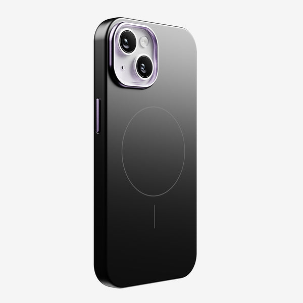 Black snap case designed for a smartphone, featuring a circular magnetic charging area on the back.