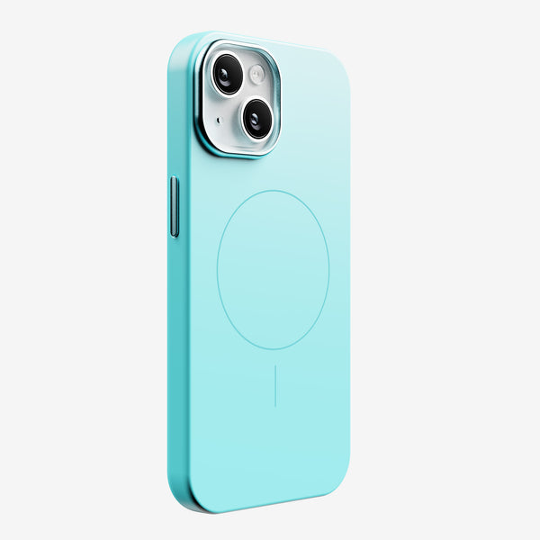 Light blue snap case designed for a smartphone, featuring a circular magnetic charging area on the back.