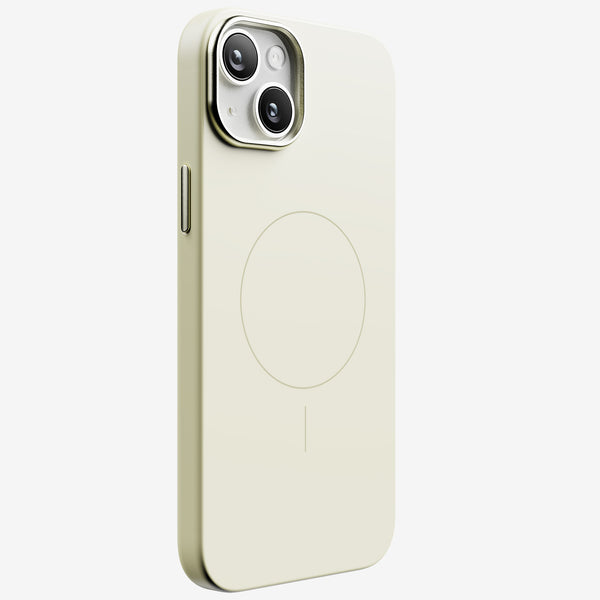 Light-colored snap case designed for the 15 Series, featuring a circular magnetic charging area.