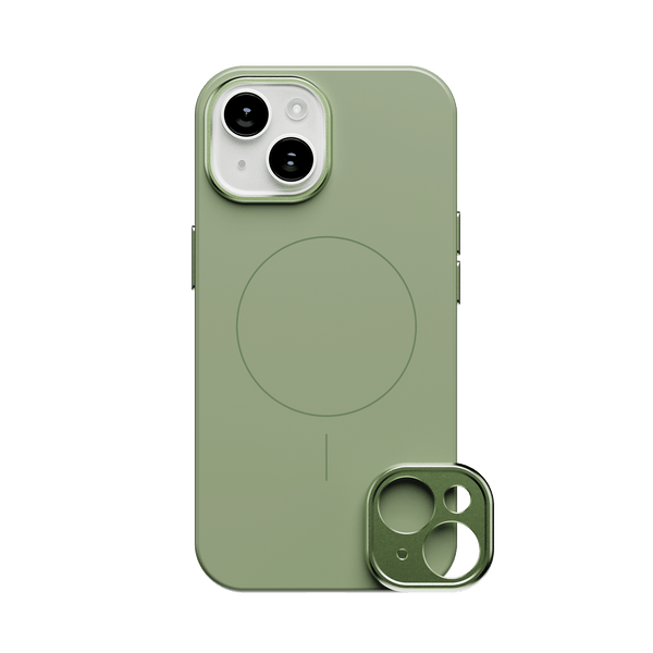 Green snap case for 15 Series phone with a circular magnetic charging area and a removable camera lens cover.