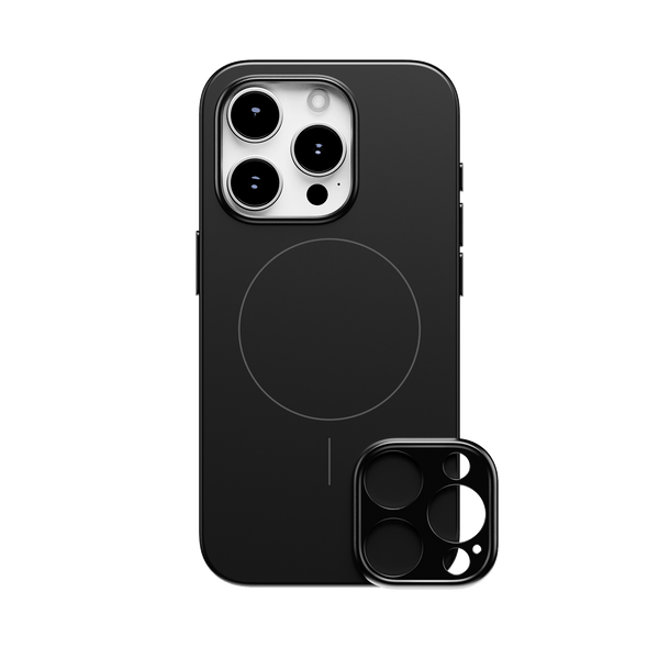 Black snap case for a smartphone with a circular magnetic area and a matching camera lens cover.