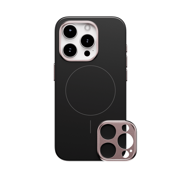 Black snap case for a smartphone with a circular MagSafe area and a detachable camera lens cover.