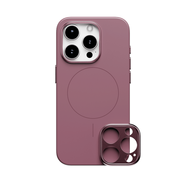Purple snap case for 15 Series phone with a circular magnetic area and a detachable camera lens cover.