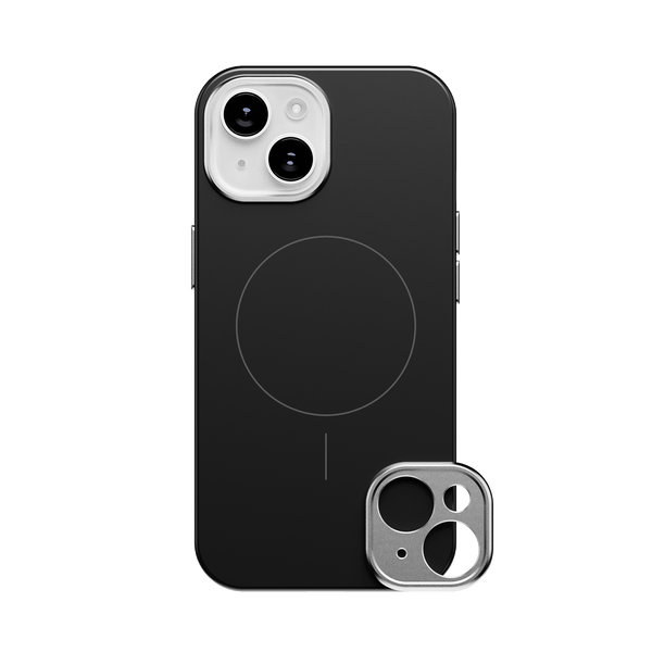 Black phone case with a circular design for magnetic accessories and a removable camera lens cover.