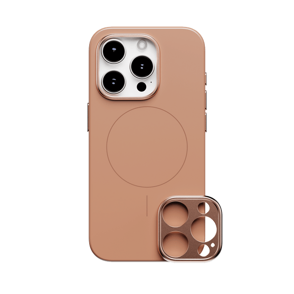 Snap case for a smartphone in a light brown color with a detachable camera lens cover.