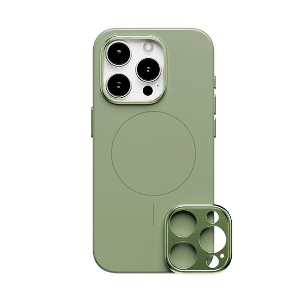 Green snap case for 15 Series phone with a circular charging area and a detachable camera lens cover.