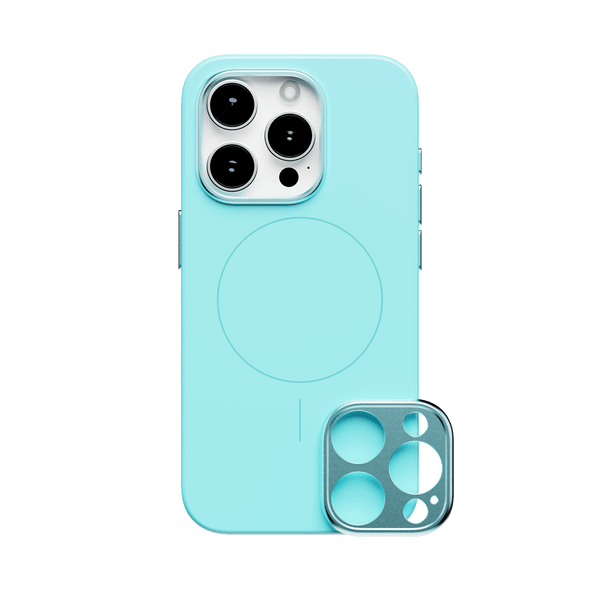 Light blue phone case designed for the 15 Series, featuring a circular MagSafe area and a detachable camera lens cover.