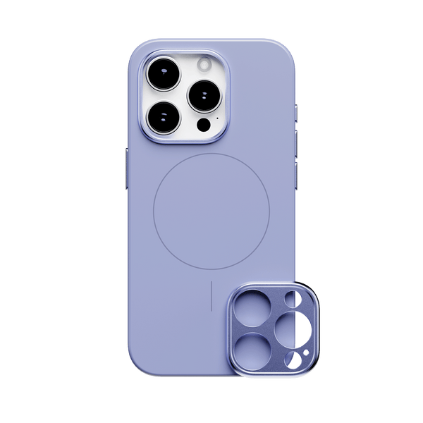 Purple phone case designed for the 15 Series, featuring a circular MagSafe area and a detachable camera lens cover.