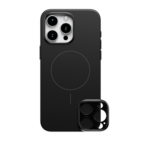 Black phone case with a circular MagSafe area and a detachable camera lens cover.